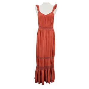 Patrons of Peace Womens Boho‎ Maxi Dress Medium Rust Ruffled Boho Crochet